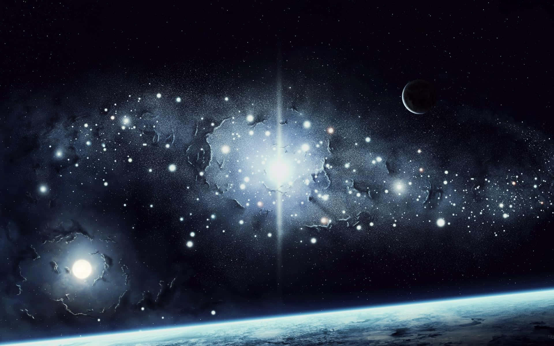 月亮與星星動畫 桌布 壁紙 — 一個令人嘆為觀止的景觀，展現了行星彎曲地平線上方發光的星雲和遙遠的星星，天空中還有一輪月亮。