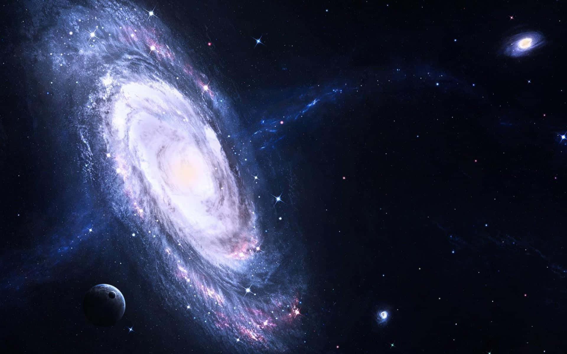 3d Galaxy 桌布 壁紙 — 一個令人嘆為觀止的螺旋星系，帶有發光的旋臂和散落的星星，主宰著深邃的宇宙虛空。