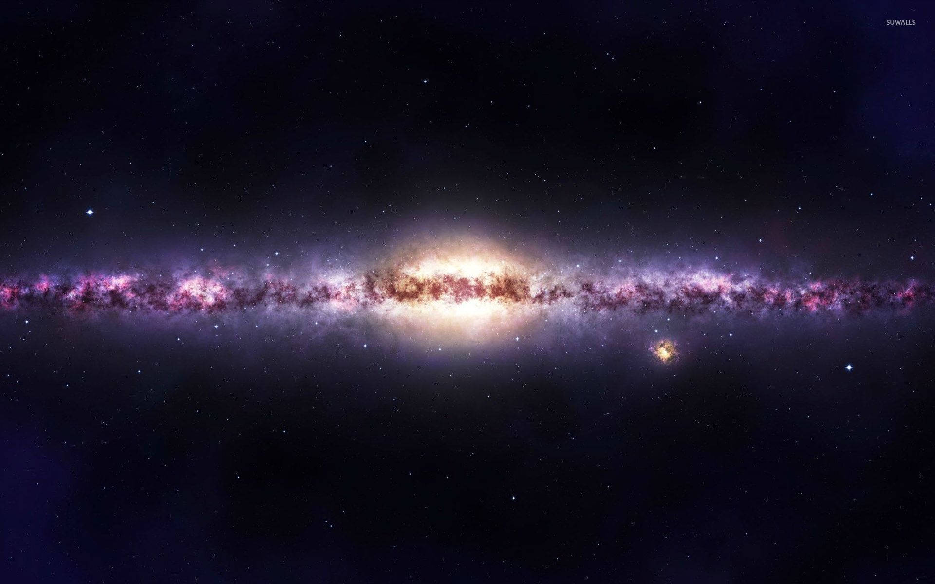 太空 桌布 壁紙 — 一個令人嘆為觀止的螺旋星系景觀，在繁星點點的宇宙背景下，散發著紫色和金色的星雲光芒。