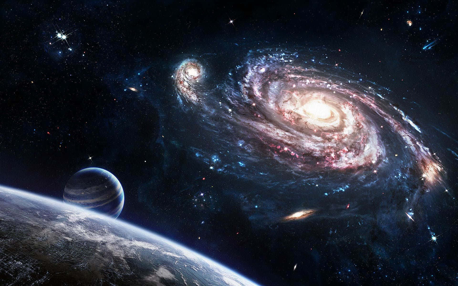 Galaxy Themed Paintings 桌布 壁紙 — 一個令人嘆為觀止的螺旋星系景象，散發著粉紅色和藍色的色調，背景是星空，前景有一顆行星和月球。