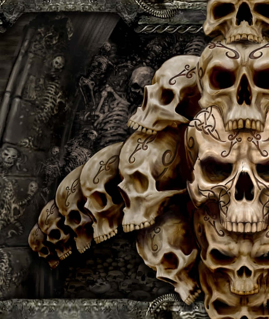 3d Skull 桌布 壁紙 — 一個令人毛骨悚然的佈置，華麗紋身的頭骨堆疊在一個充滿骨頭的黑暗哥德式壁龕中。
