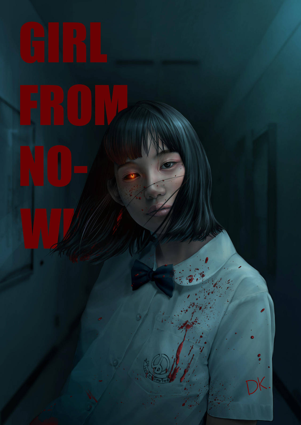 HD 桌布 壁紙 — 一個令人毛骨悚然的動漫女孩，眼睛發出紅光，校服上濺滿鮮血，站在昏暗的走廊裡。