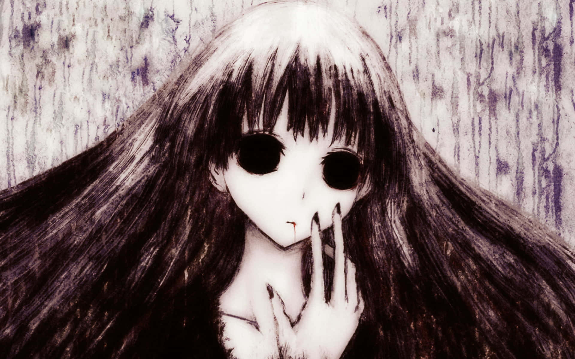 Horror Anime 桌布 壁紙 — 一個令人毛骨悚然的動漫女孩，長長的深色頭髮和空洞的眼睛，在紋理牆壁上觸摸嘴唇，血液從她的嘴裡滴落。