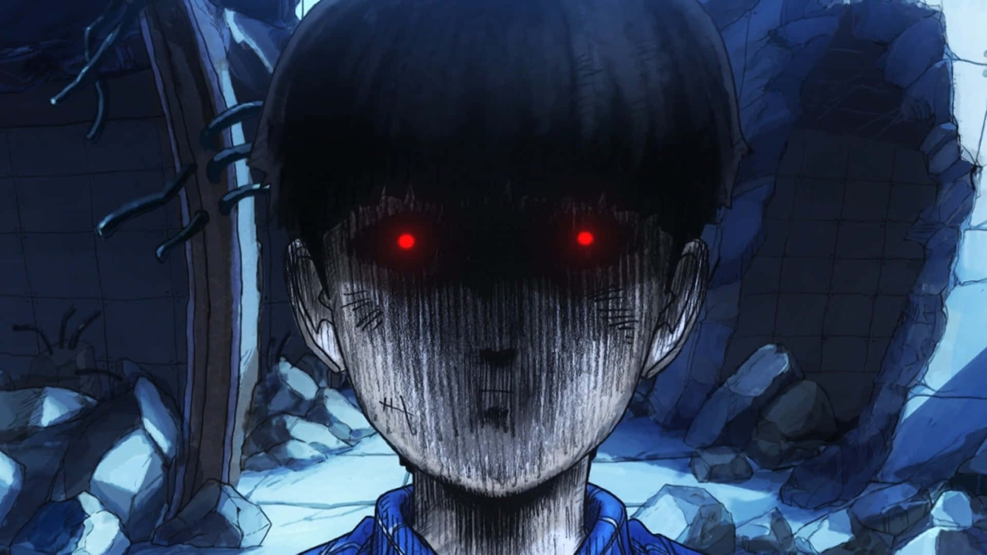 Mob Psycho 桌布 壁紙 — 一個令人毛骨悚然的動漫男孩，擁有發光的紅色眼睛，在冰冷的藍光下從破碎的混凝土廢墟中凝視。