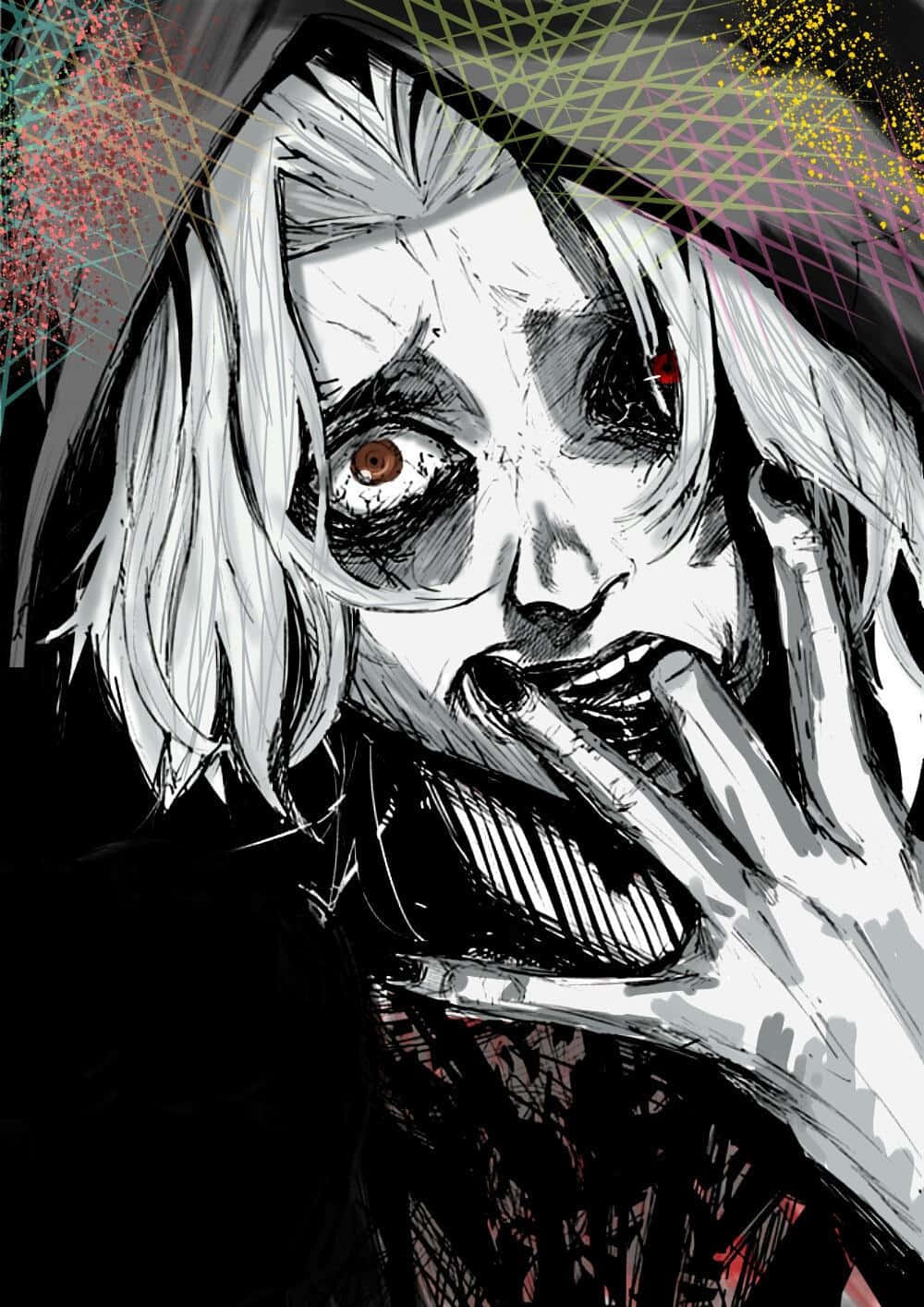 Seidou Takizawa 桌布 壁紙 — 一個令人毛骨悚然的動漫風格肖像，描繪一個蒼白的人物，白髮和一只紅眼，用手摀住嘴巴尖叫。