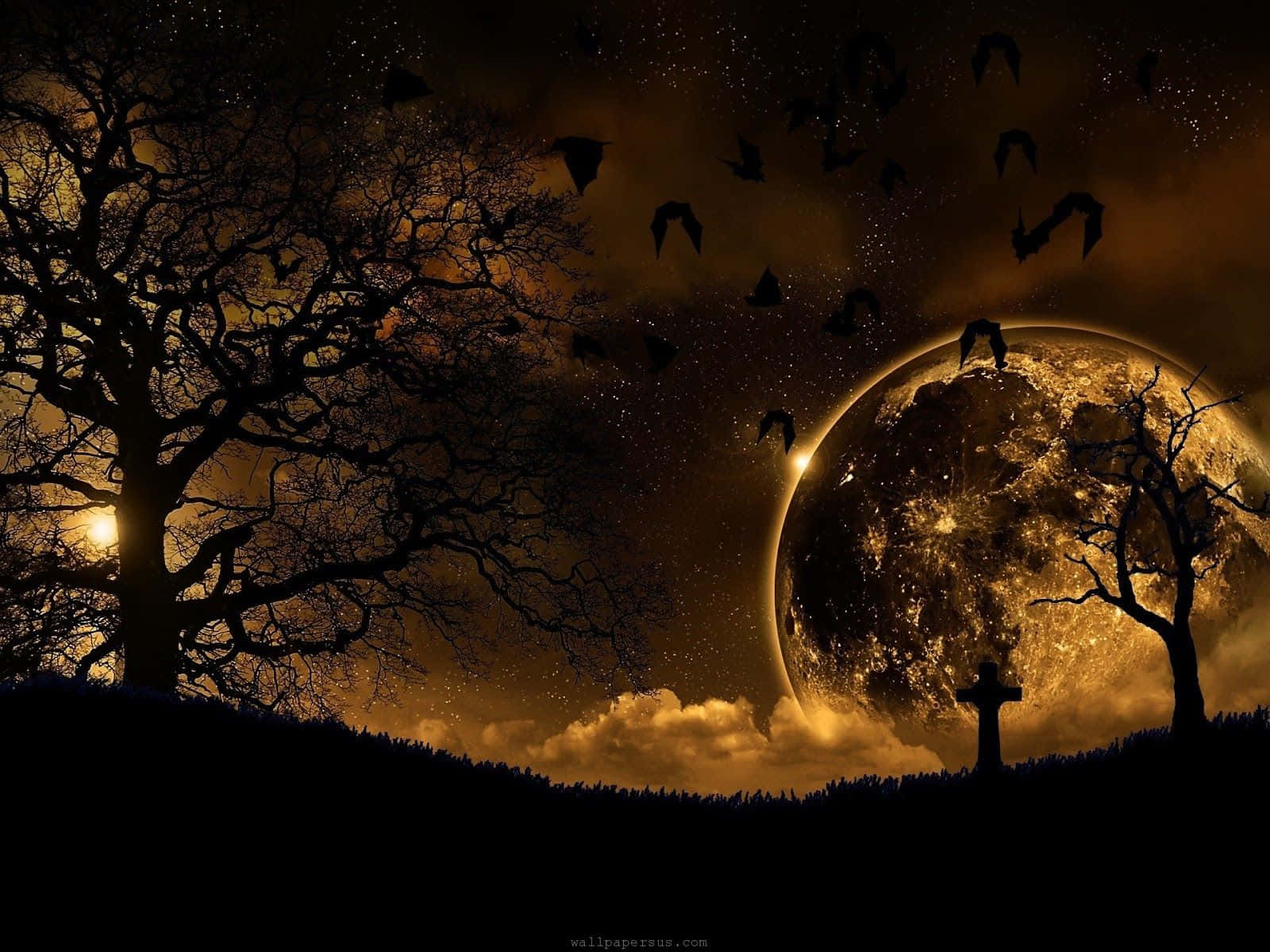 bat 桌布 壁紙 — 一個令人毛骨悚然的夜晚場景，有剪影樹木和一個十字架，下方是發光的行星和飛行的蝙蝠。