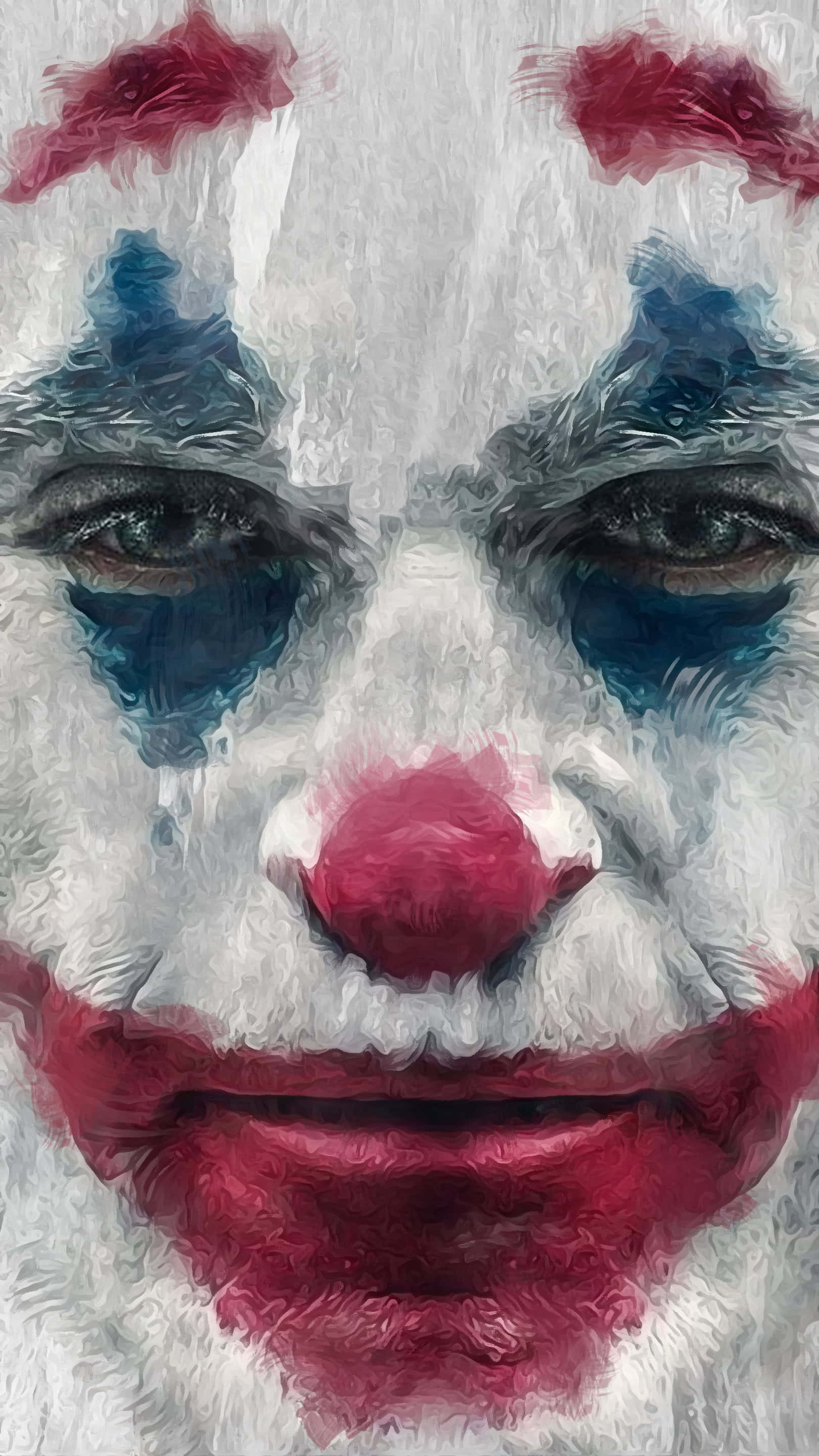 Joker Painting 桌布 壁紙 — 一個令人毛骨悚然的小丑臉，塗著紅唇和淚水，在強烈的藍色眼妝下。