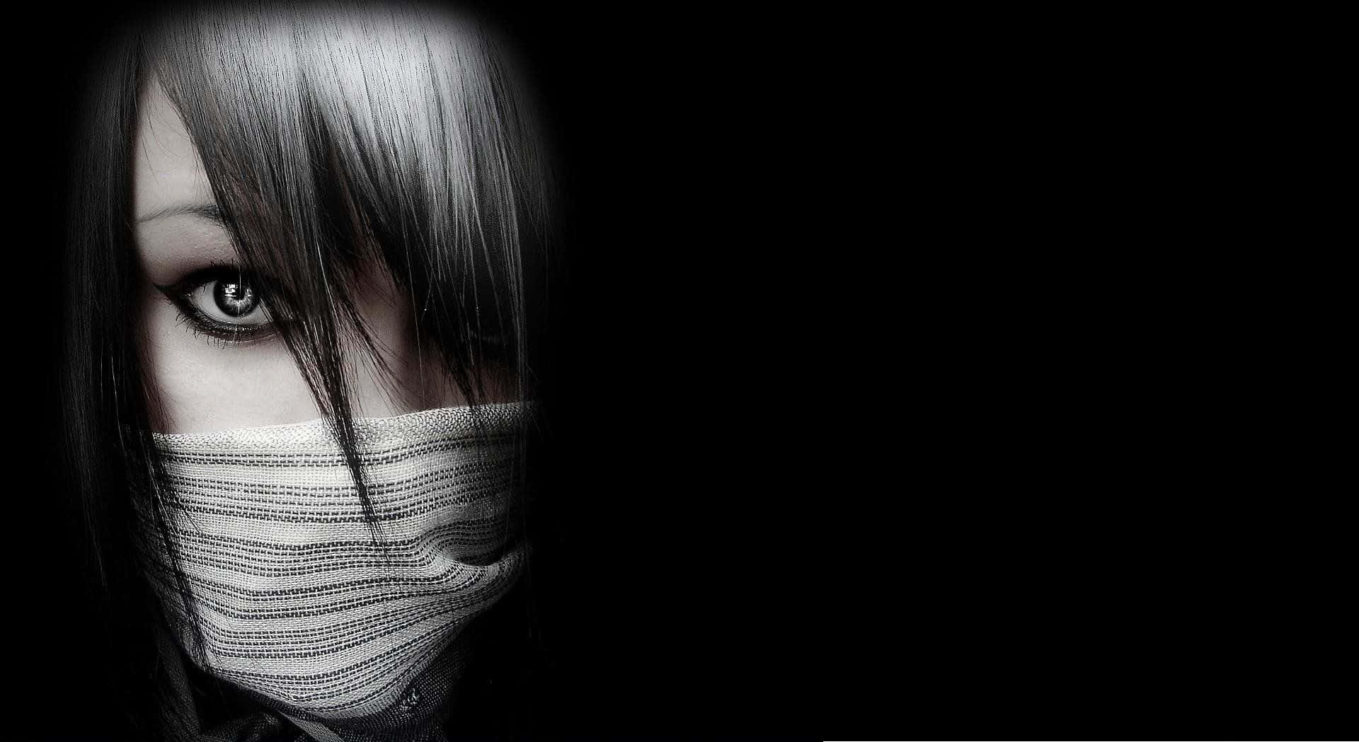 Mysterious 桌布 壁紙 — 一個令人毛骨悚然的特寫鏡頭，捕捉到一個女人的單眼從條紋布料口罩下窺視，背景是純黑色。