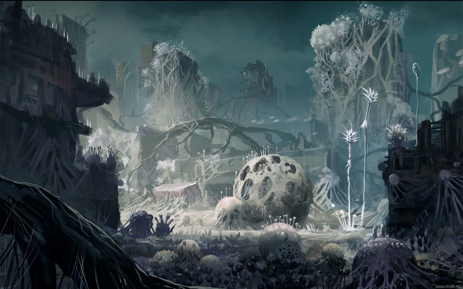 nausicaä of the valley of the wind 桌布 壁紙 — 一個令人毛骨悚然的美麗外星景觀，在陰鬱的青綠色天空下，搖搖欲墜的廢墟被詭異的白色植物覆蓋。