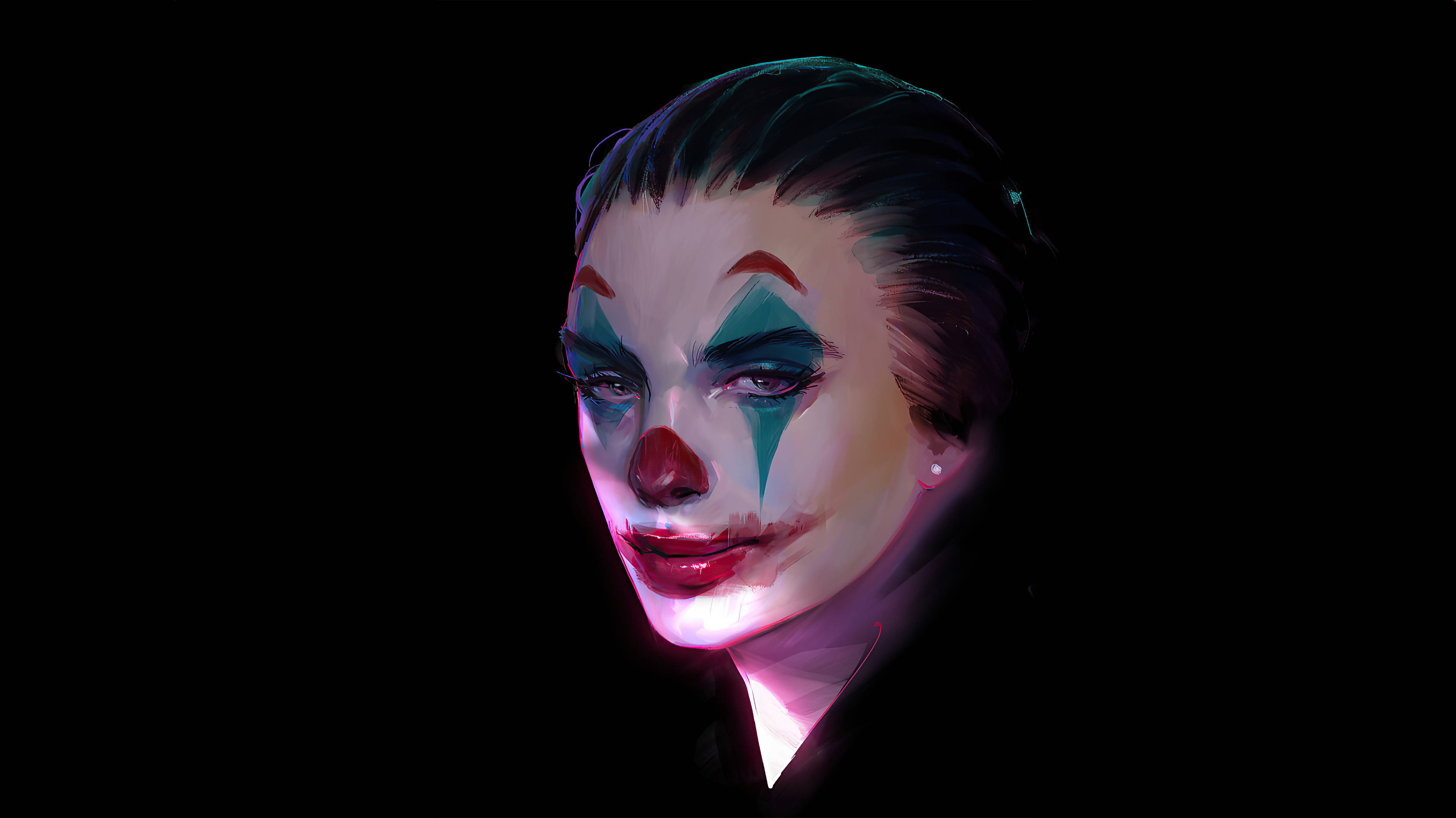 Face 桌布 壁紙 — 一個令人毛骨悚然的肖像，一位化著小丑妝容的女性，背景為黑色。