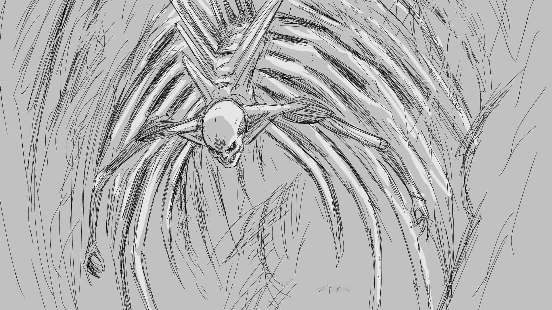 Founding Titan 桌布 壁紙 — 一個令人毛骨悚然的草圖，描繪了一個骨骼生物，四肢修長，翅膀尖刺，在紋理灰色背景上若隱若現。