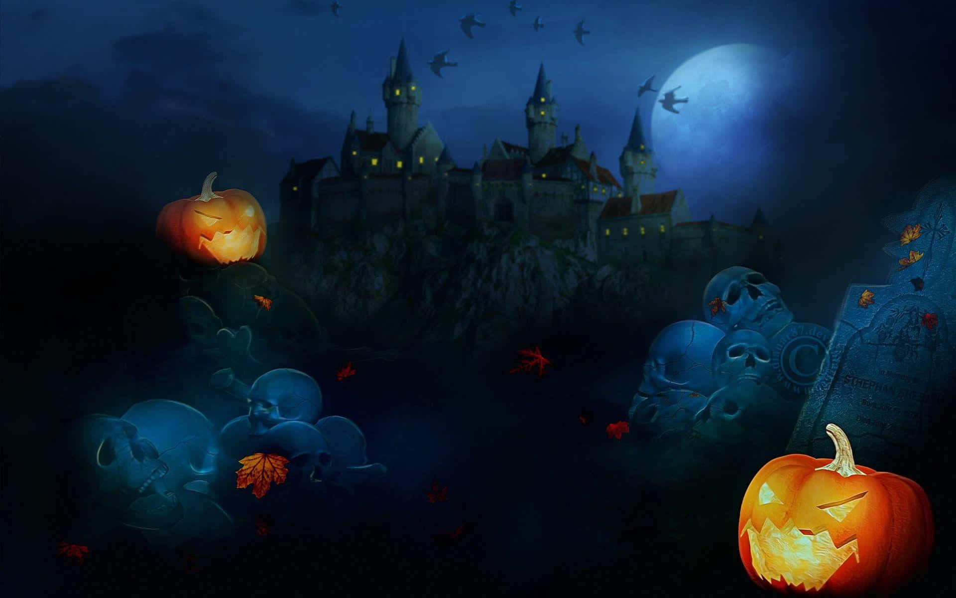 3d Halloween 桌布 壁紙 — 一個令人毛骨悚然的萬聖節夜晚場景，有發光的傑克南瓜燈骷髏和滿月下的鬼城堡。