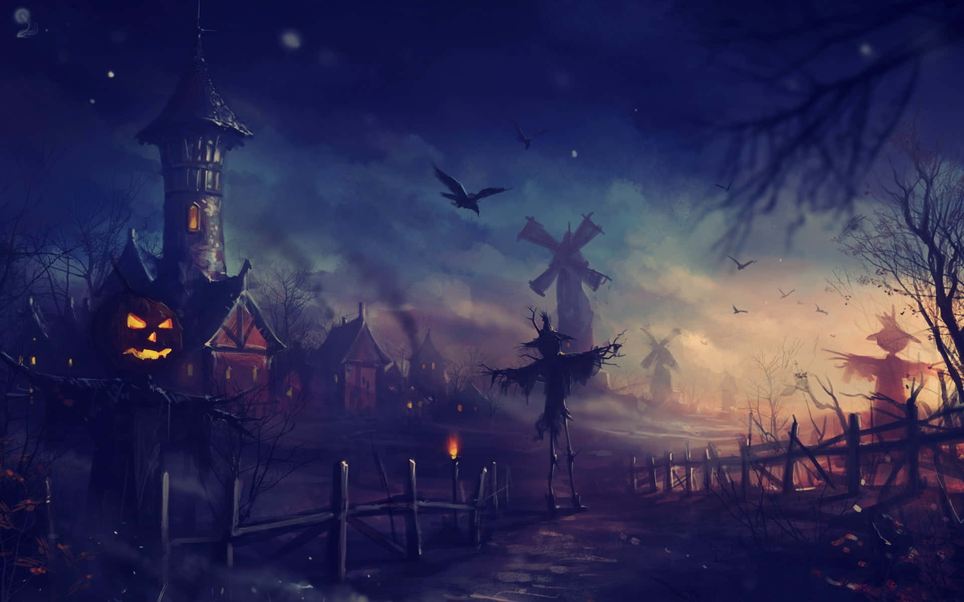 3d Halloween 桌布 壁紙 — 一個令人毛骨悚然的萬聖節村莊，在黃昏時分，黑暗星空下閃爍著南瓜燈、稻草人和風車。