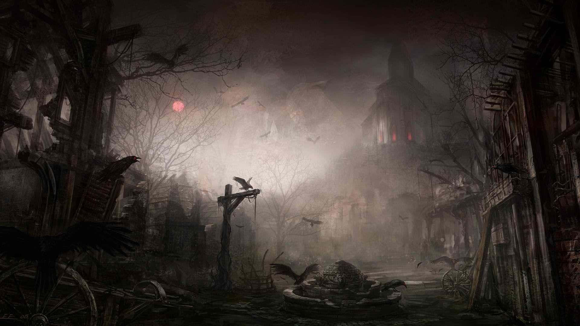 萬聖節恐怖 桌布 壁紙 — 一個令人毛骨悚然的霧夜場景，在一個廢棄村莊中，有骷髏般的樹木、烏鴉，以及一輪散發著詭異陰影的紅色月亮。