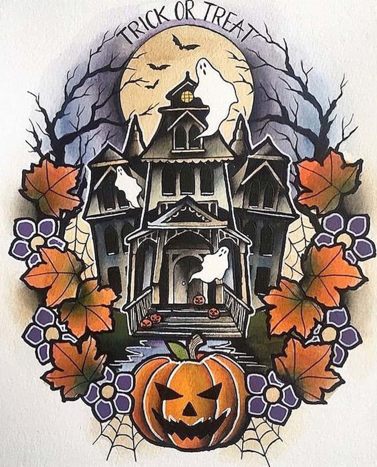 Trick Or Treat 桌布 壁紙 — 一個令人毛骨悚然的鬼屋，有鬼魂、蝙蝠和一個在滿月下的南瓜燈，周圍環繞著秋葉和蜘蛛網。