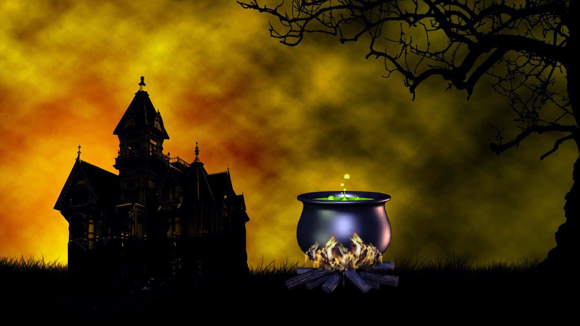 cauldron 桌布 壁紙 — 一個令人毛骨悚然的鬼屋剪影，旁邊有一個在火焰上冒泡的大鍋，背景是火紅的橙色和黃色天空。
