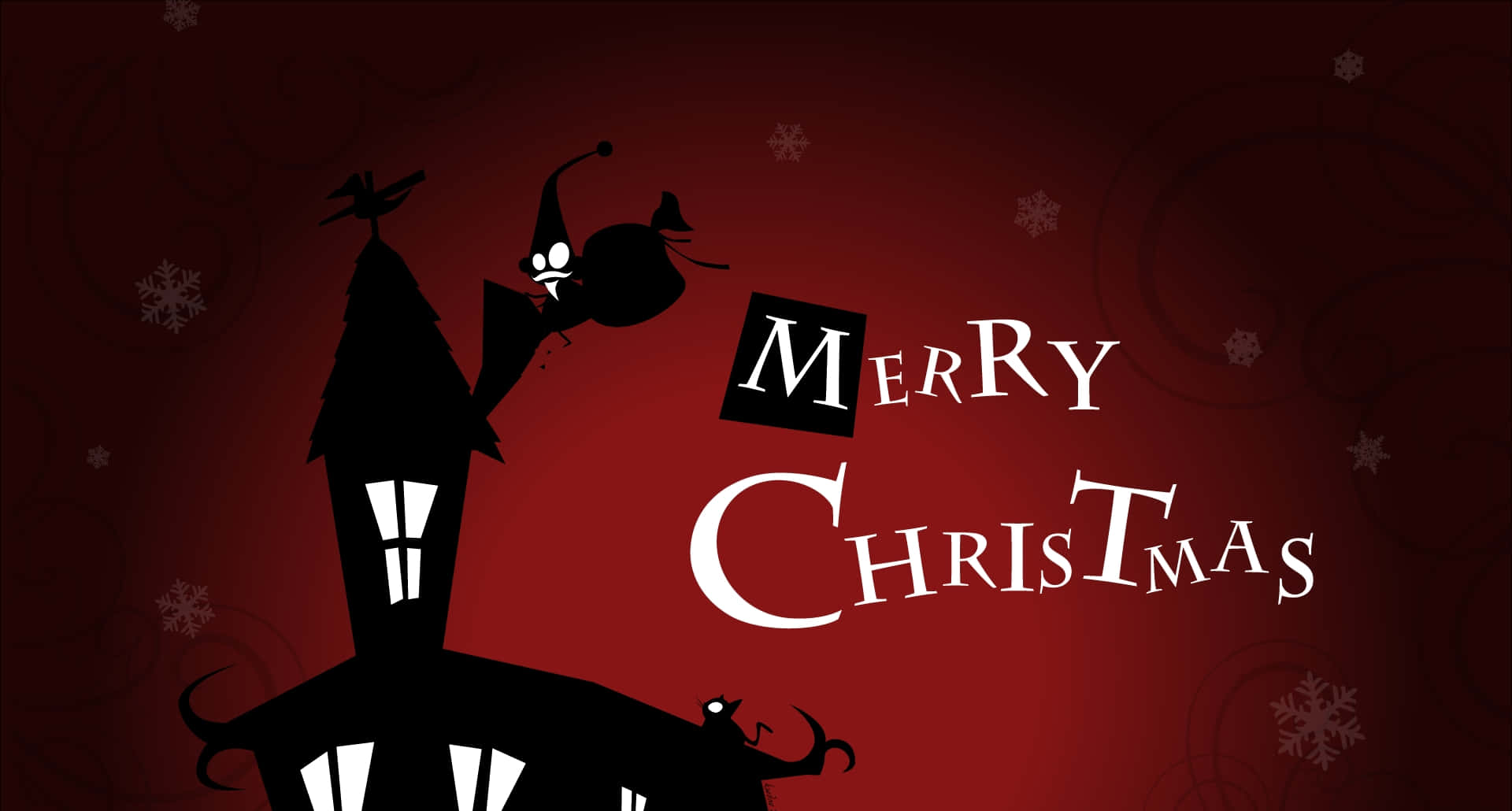 Dark Christmas 桌布 壁紙 — 一個令人毛骨悚然的黑色鬼屋剪影，女巫在深紅色背景上飛翔，帶有雪花和「Merry Christmas」文字。