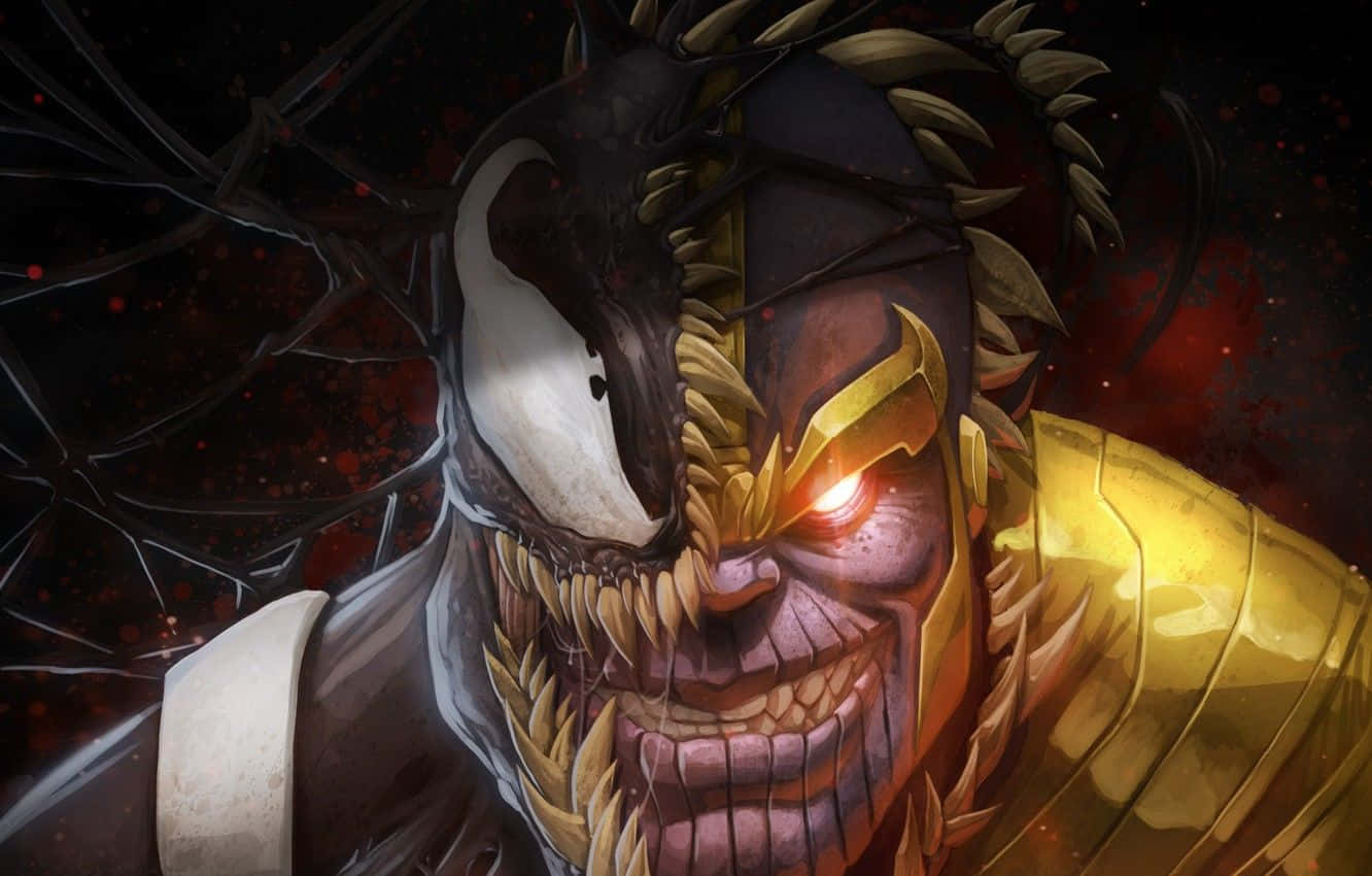 Thanos 桌布 壁紙 — 一個令人畏懼的分裂面孔角色，一側是毒液，另一側是金色裝甲戰士，背景為深紅色飛濺。