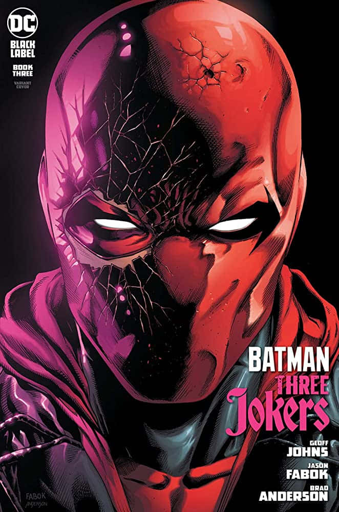 Batman Three Jokers 桌布 壁紙 — 一個令人畏懼的漫畫封面，描繪一個裂開的紅色面具反派，擁有發光的白色眼睛，背景為黑色。