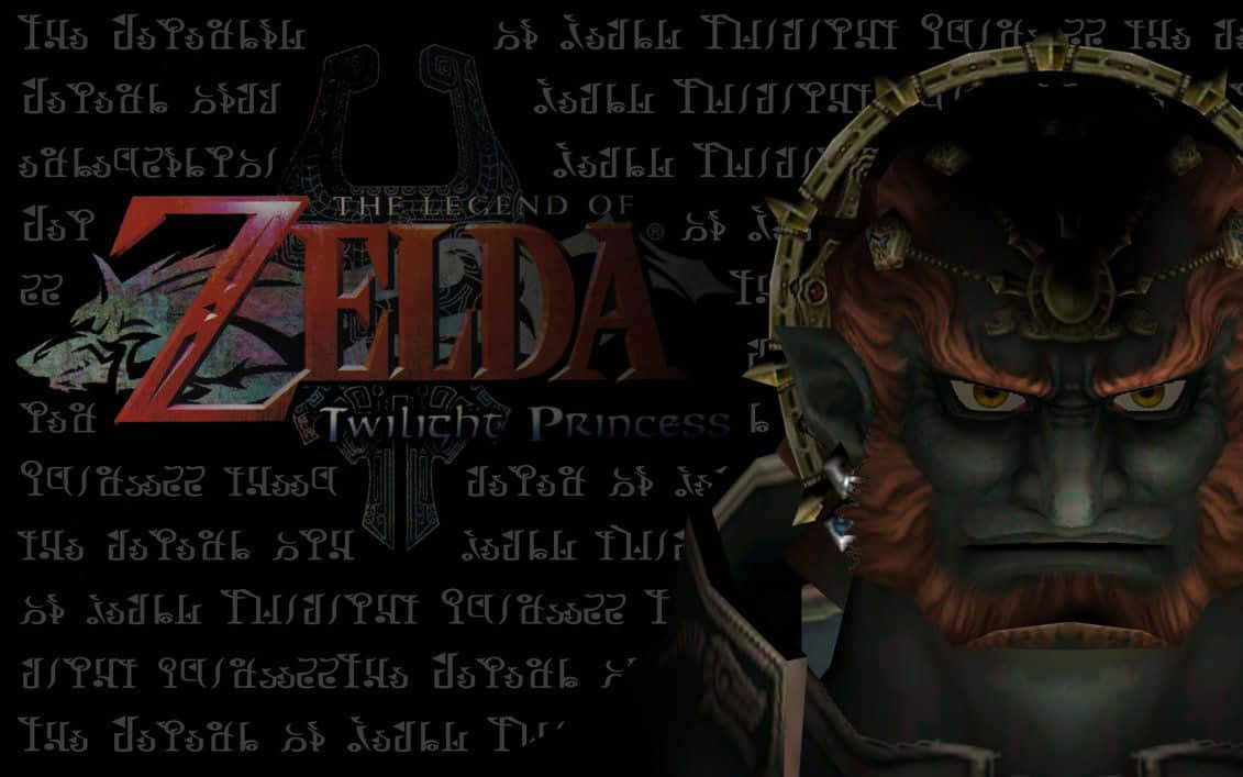 Ganondorf 桌布 壁紙 — 一個令人畏懼的特寫，一個深色皮膚、鬍鬚的人形生物，擁有發光的黃色眼睛和華麗的頭飾，背景是黑色，充滿了發光的古代文字和紅色的「The Legend of Zelda Twilight Princess」。