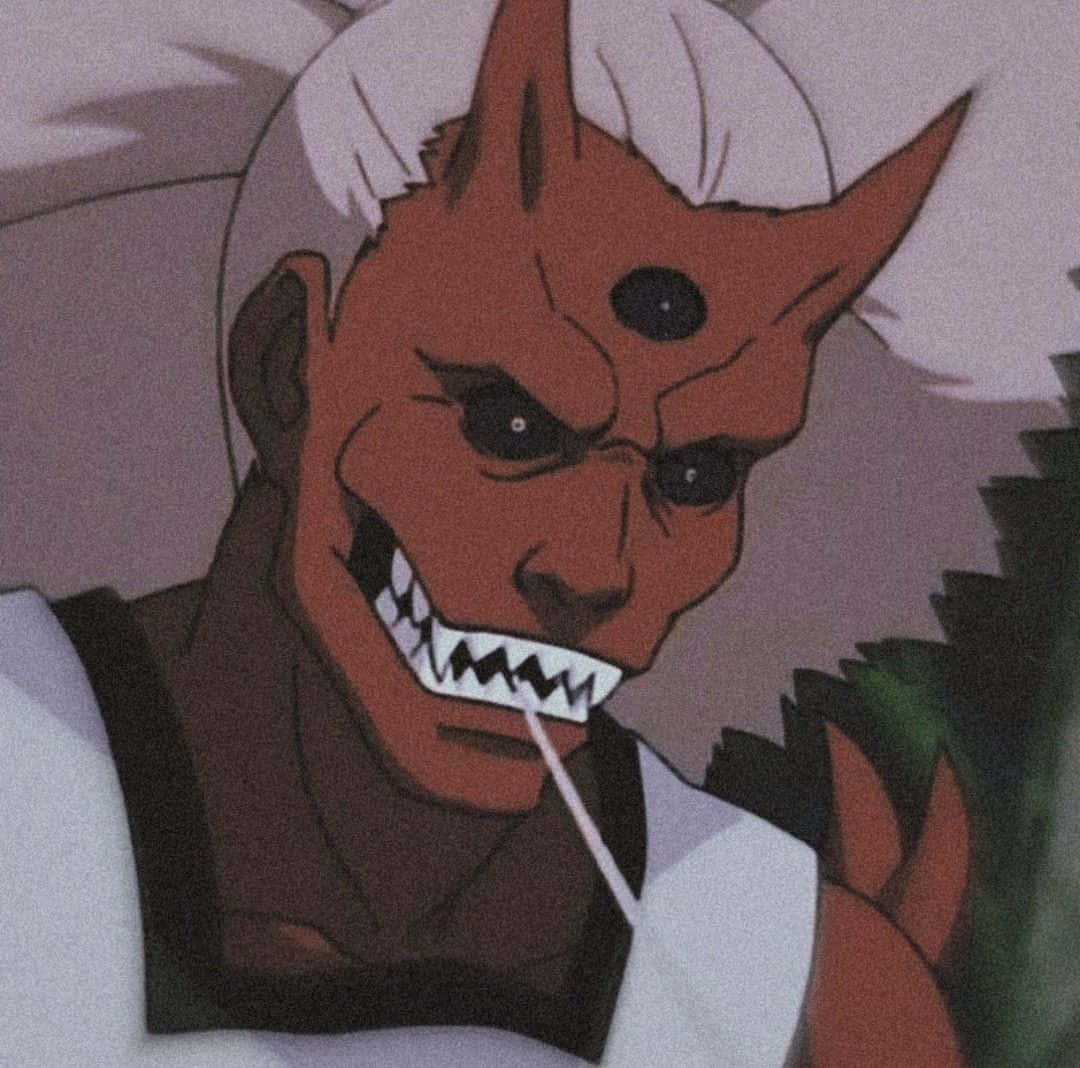 Kidomaru 桌布 壁紙 — 一個令人畏懼的紅皮膚動漫惡魔，白色頭髮和尖銳牙齒，拿著白色吸管冷笑。
