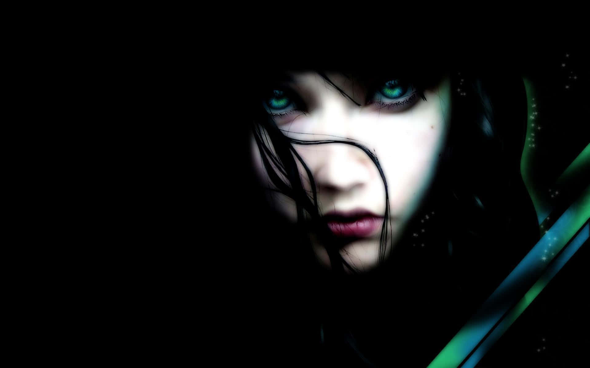 Dark Emo 桌布 壁紙 — 一個令人難忘的動漫女孩，擁有發光的綠色眼睛和深色頭髮，部分遮擋了她的臉，背景是黑色帶有霓虹綠色點綴。