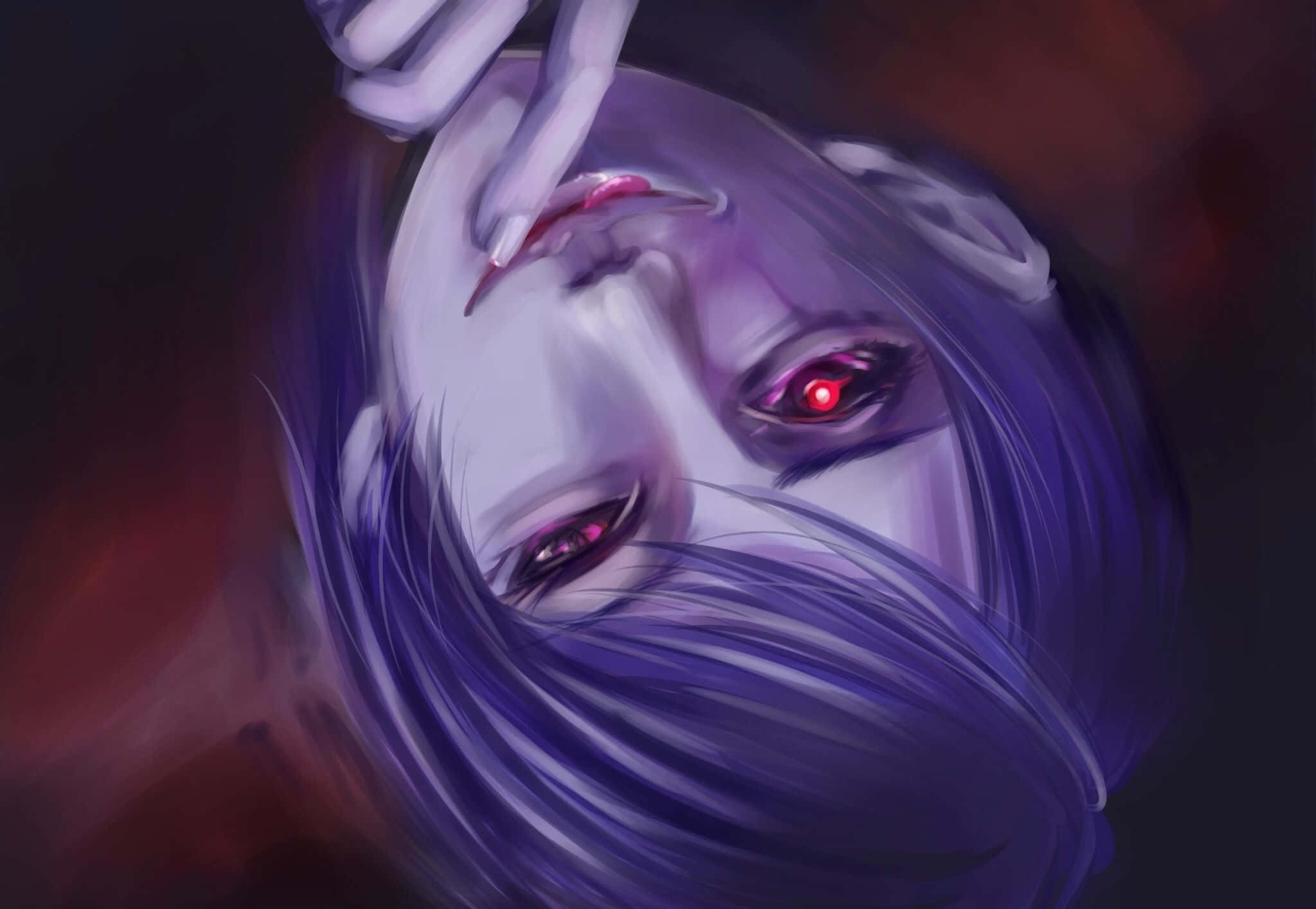 Shuu Tsukiyama 桌布 壁紙 — 一個令人難忘的動漫女孩，擁有發光的紅眼睛和紫色頭髮，抬頭看著一隻手輕輕觸碰她的嘴唇。