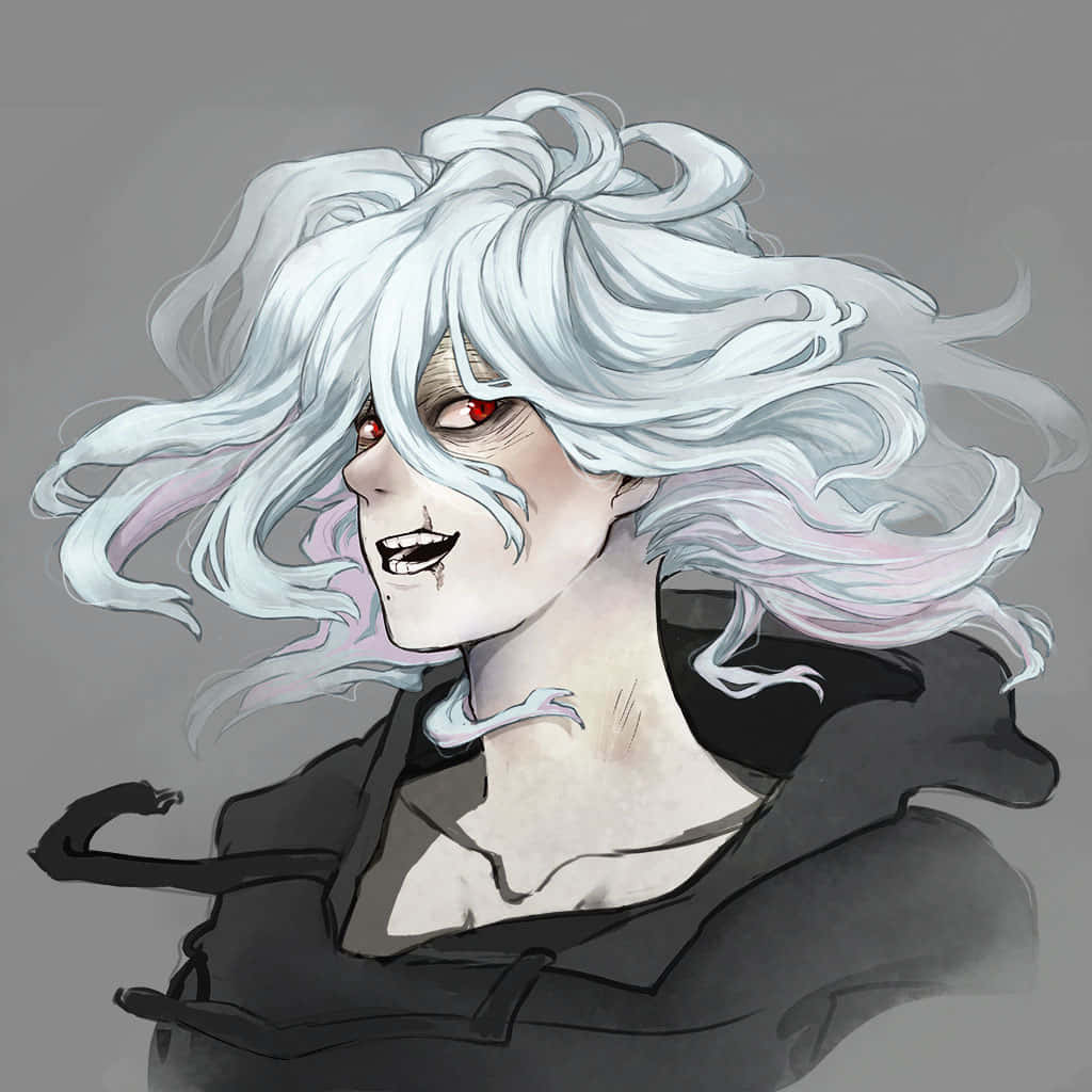 Tomura Shigaraki 桌布 壁紙 — 一個令人難忘的動漫角色，擁有狂野的白髮和發光的紅眼睛，穿著深色斗篷，背景為灰色。
