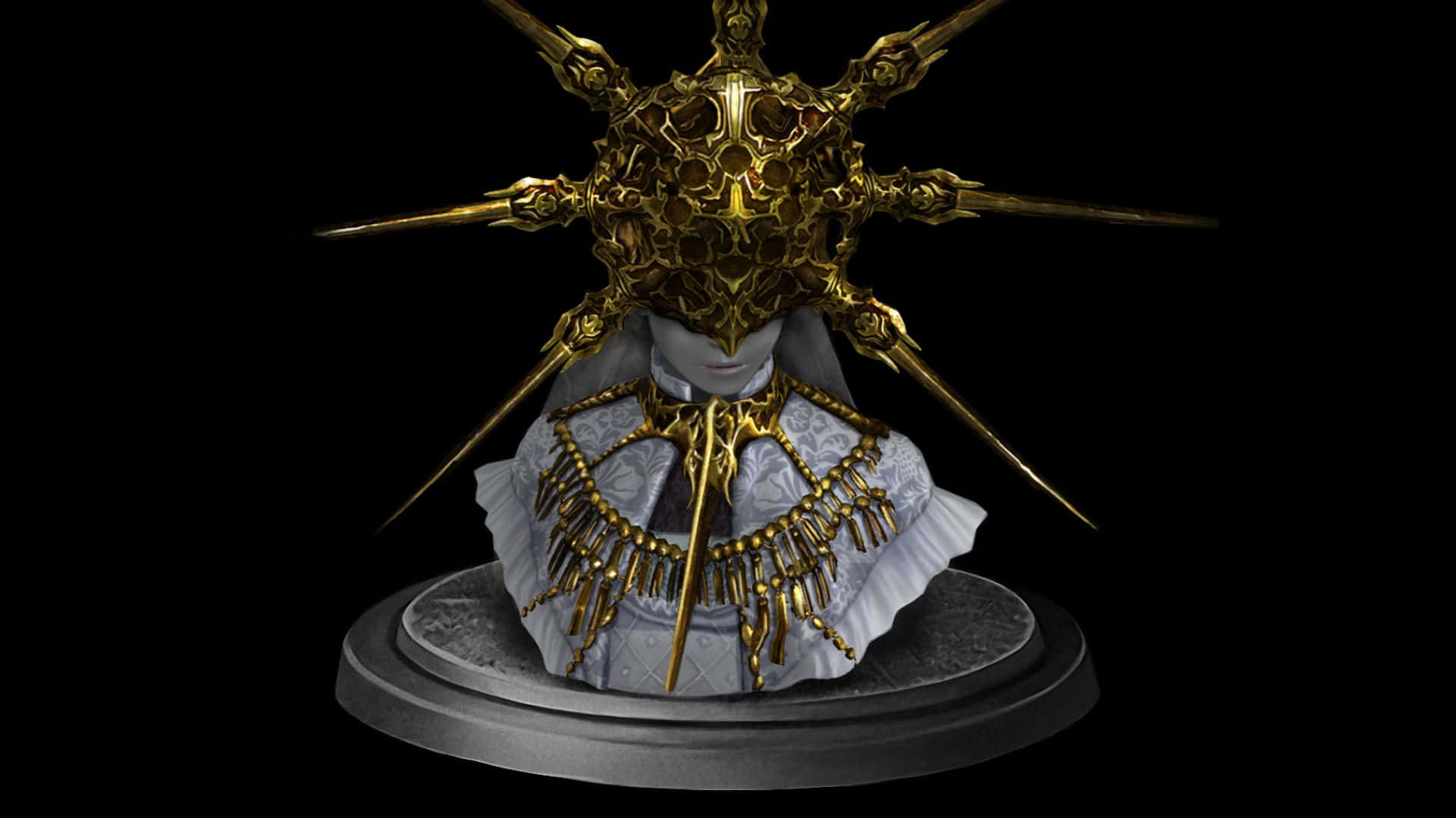 Dark Sun Gwyndolin 桌布 壁紙 — 一個令人難忘的半身像，人物身穿華麗的金色盔甲，頭戴尖刺王冠，頸戴精緻項鍊，背景為黑色。