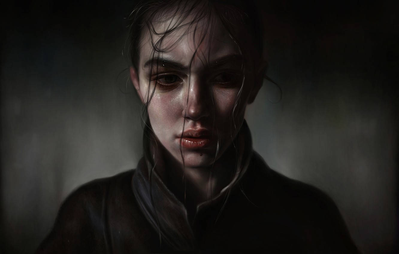 Painting 桌布 壁紙 — 一個令人難忘的年輕女子肖像，濕髮和淚痕斑駁的臉龐，被戲劇性的明暗對比光照亮。