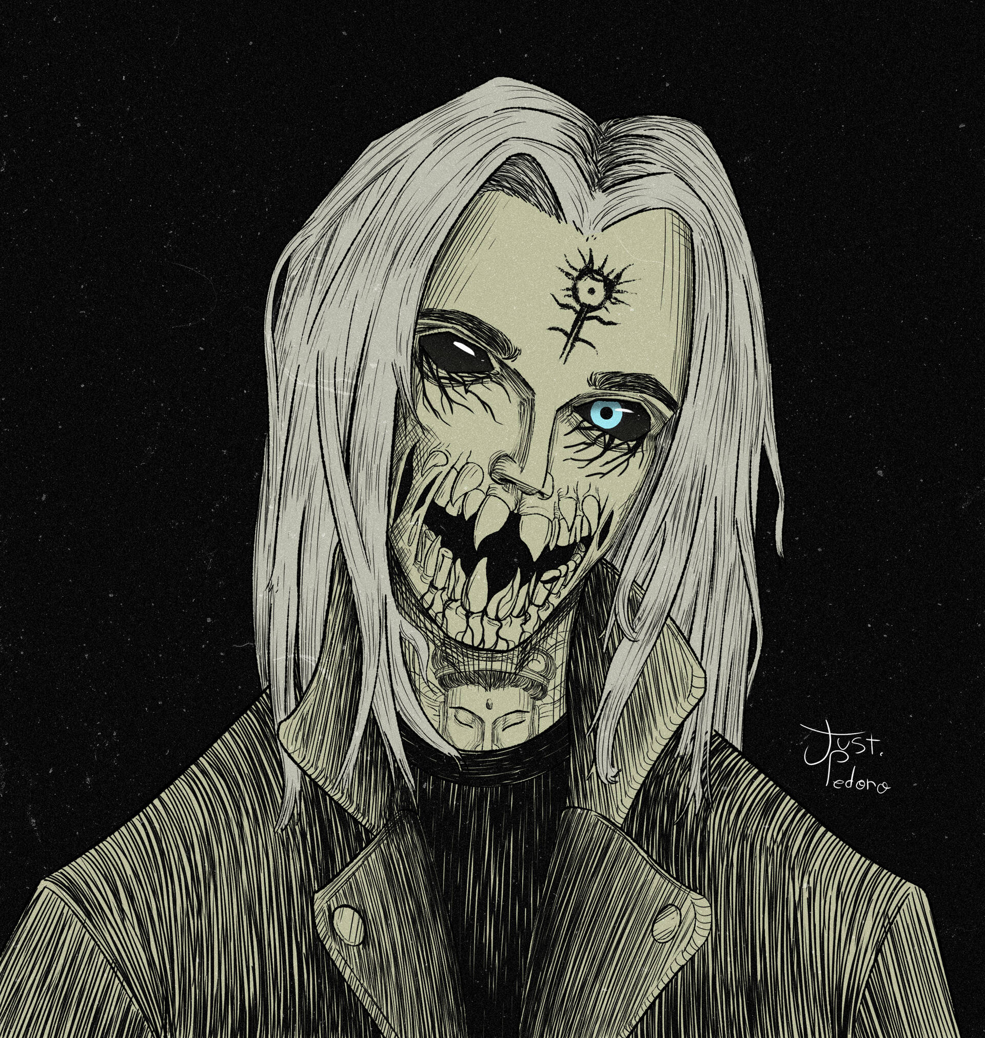 Ghostemane 桌布 壁紙 — 一個令人難忘的插圖肖像，描繪一個蒼白的人物，長髮，一隻發光的藍色眼睛，額頭上縫有太陽符號，背景為黑色。
