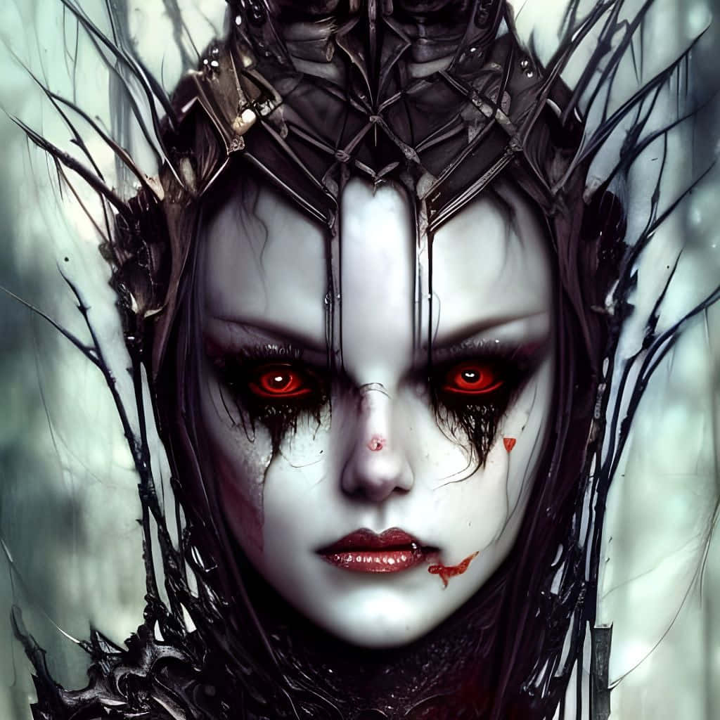 Dark Vampire 桌布 壁紙 — 一個令人難忘的數位肖像，描繪一位蒼白的女性，擁有發光的紅色眼睛和暗色荊棘般的頭髮，裝飾著尖刺王冠和血痕。