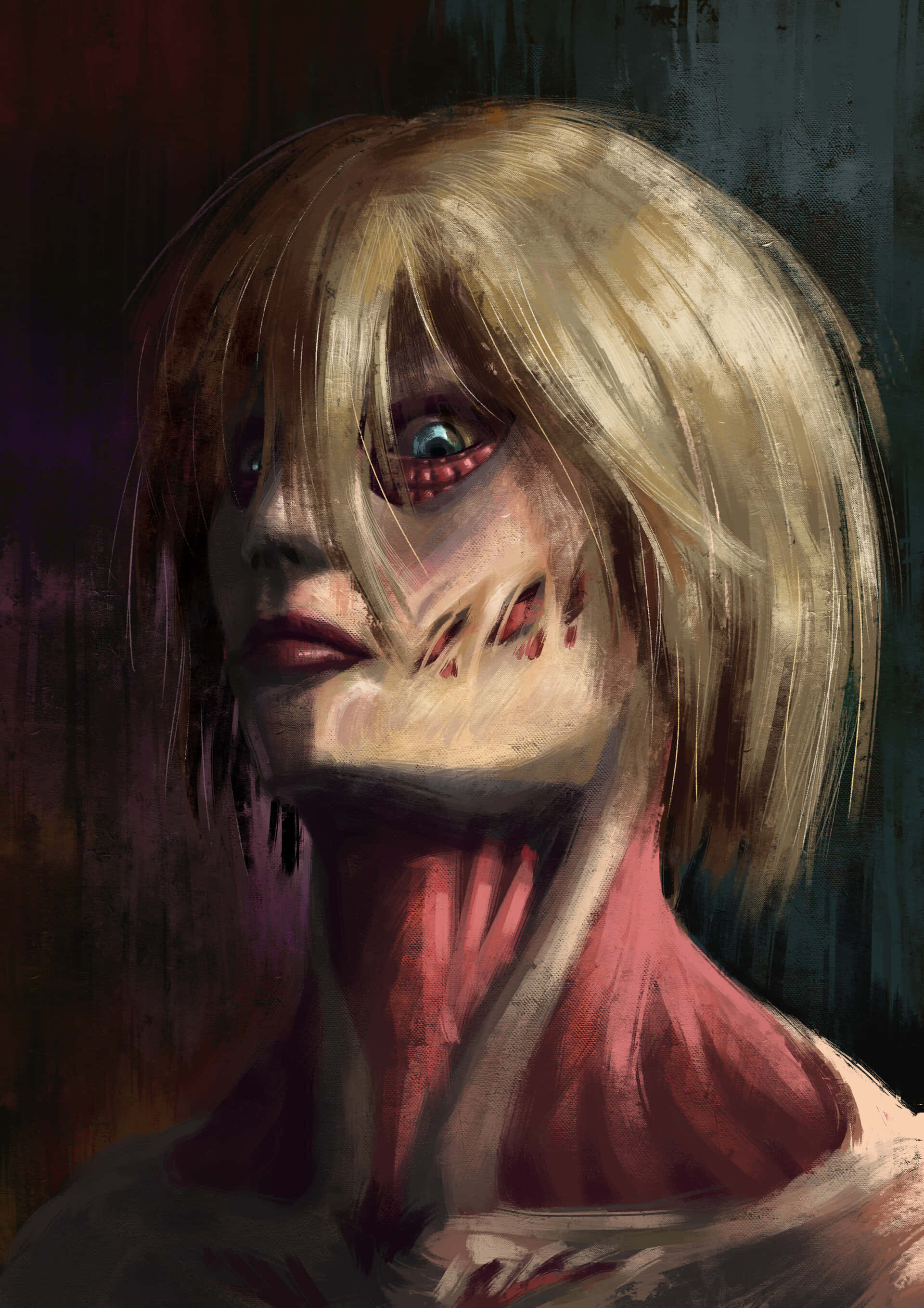 Female Titan 桌布 壁紙 — 一個令人難忘的數位肖像，描繪一位蒼白的金髮女性，頸部肌肉暴露，背景為深色紋理。