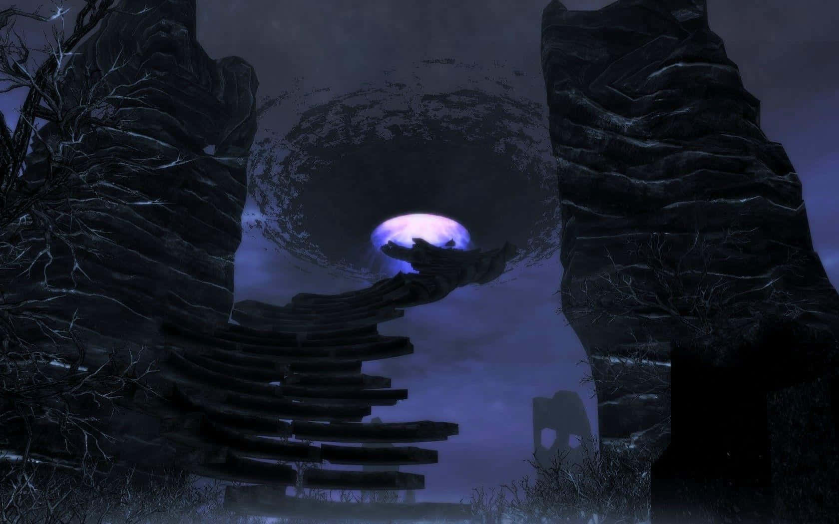 Skyrim Dawnguard 桌布 壁紙 — 一個令人難忘的數碼場景，在暴風雨黃昏的天空下，一個發光的紫色球體被鋸齒狀的黑暗岩石形成所框住。