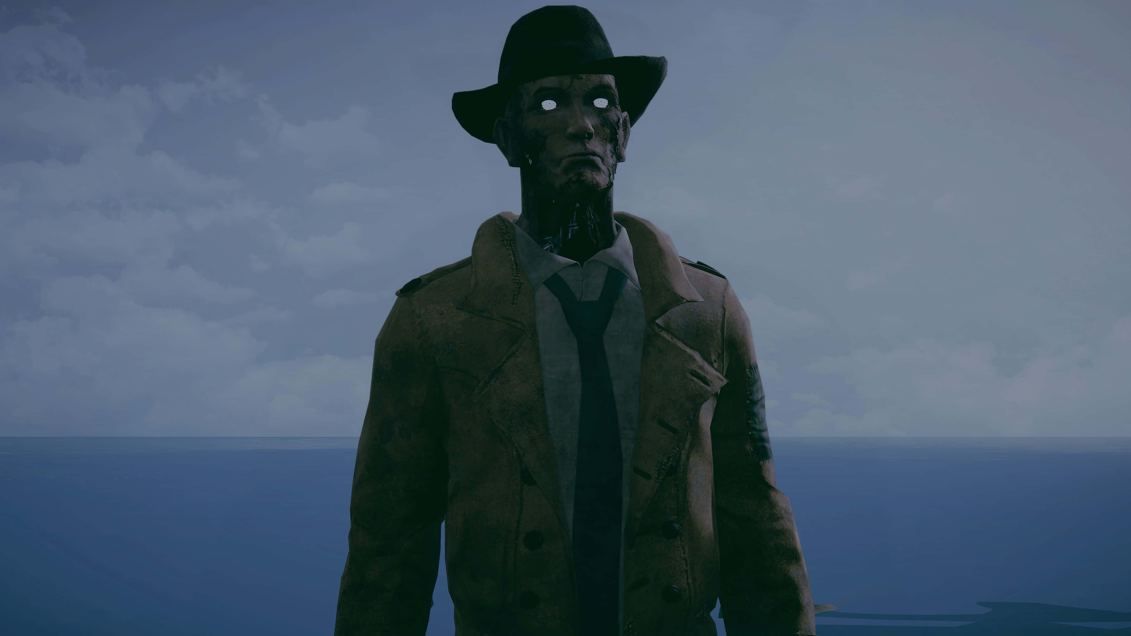 Nick Valentine 桌布 壁紙 — 一個令人難忘的數碼肖像，一個戴著費多拉帽和穿著風衣的男人站在多雲天空下的廣闊海洋前。