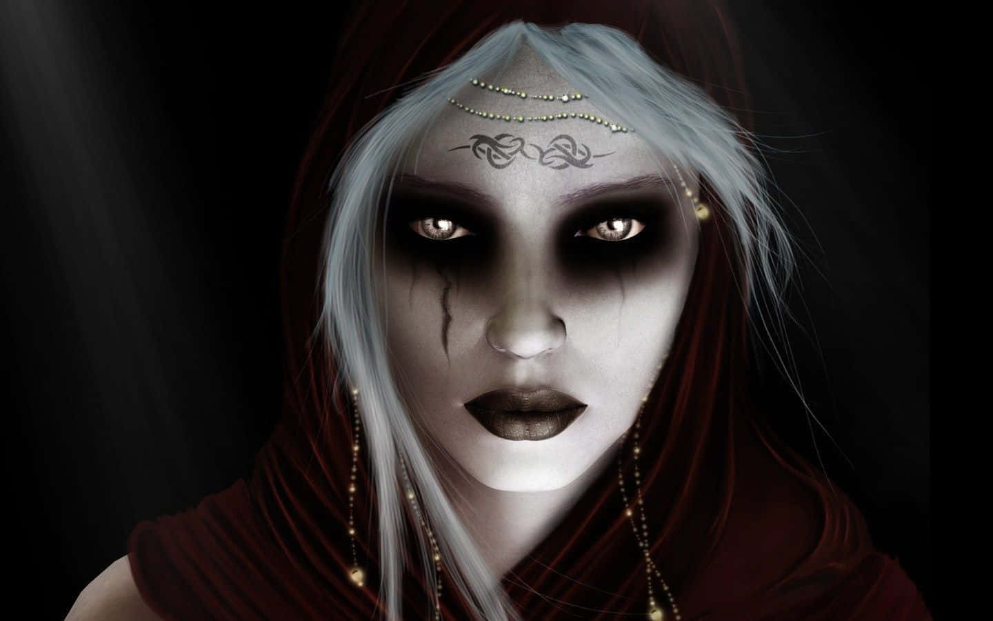 Evil Witch 桌布 壁紙 — 一個令人難忘的數碼肖像，描繪一位蒼白的女性，銀色頭髮和深色妝容，戴著深紅色兜帽，背景為黑色。
