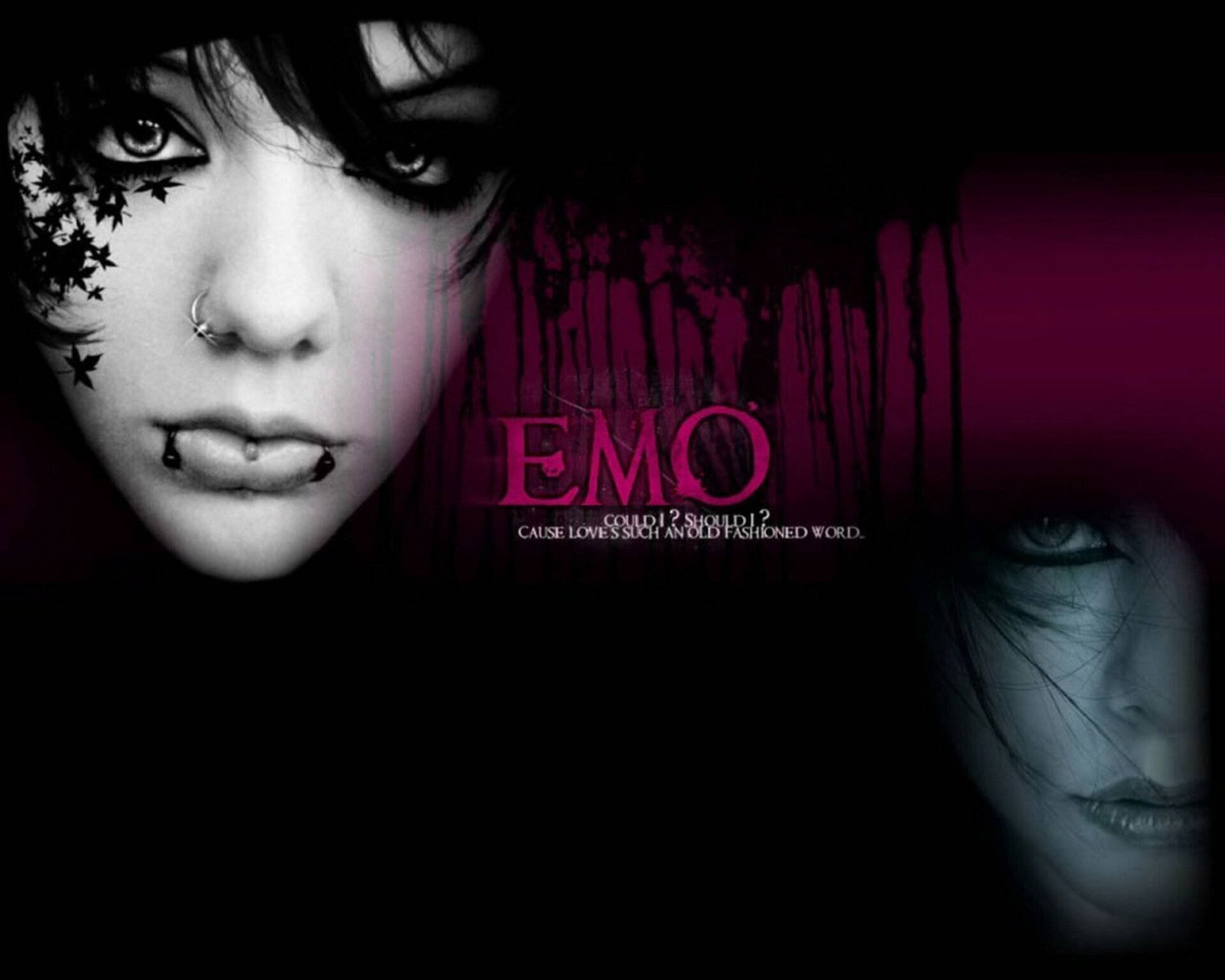 Pink Emo Girl Faces 壁紙 — 一個令人難忘的特寫鏡頭，年輕女子化著深色妝容，身上有星星紋身，背景是滴落的洋紅色，上面寫著EMO。