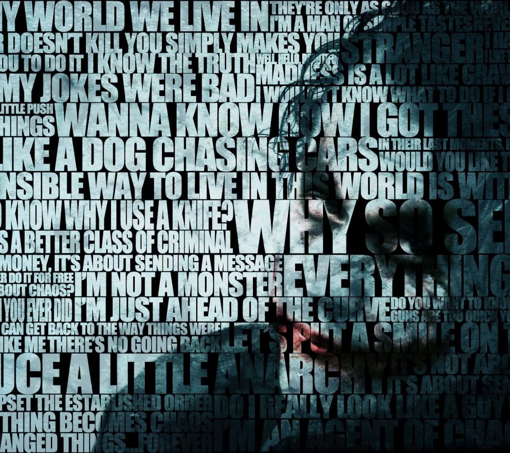 Joker Quotes 桌布 壁紙 — 一個令人難忘的肖像從藍色和灰色色調中混亂重疊的文字中浮現，傳達出強烈的情感和存在主義的疑問。