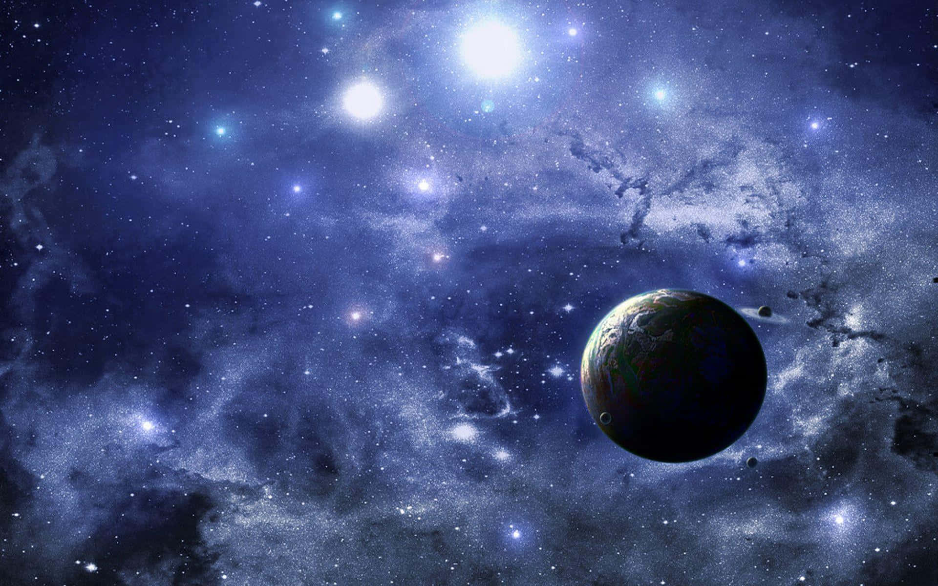 Cool Space 桌布 壁紙 — 一個令人驚嘆的宇宙景觀，地球懸浮在充滿發光恆星和旋轉宇宙塵埃的鮮豔星雲中。