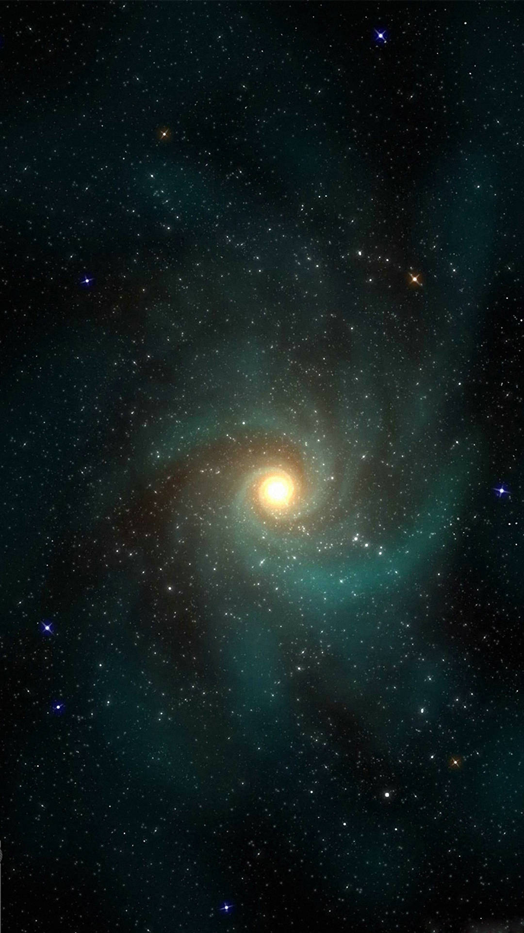 外太空 桌布 壁紙 — 一個令人驚嘆的螺旋星系，在星空中閃耀著青綠色和金色的色調。