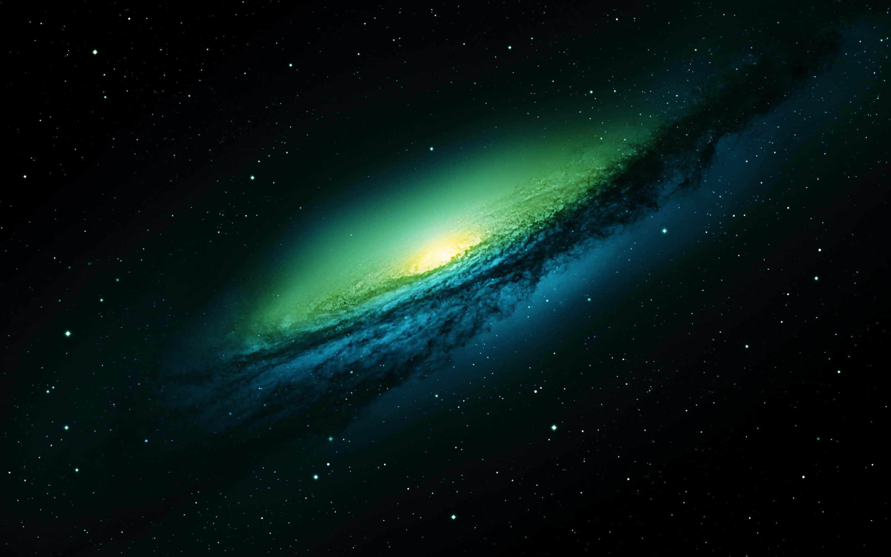 Black Galaxy 桌布 壁紙 — 一個令人驚嘆的螺旋星系在星空背景下散發出充滿活力的綠色和藍色色調。