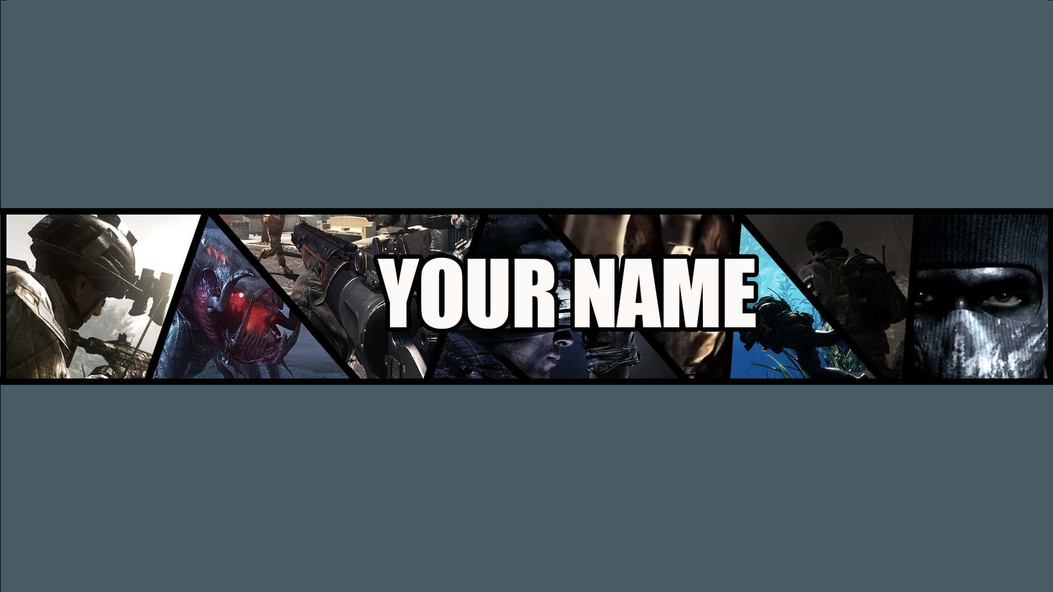 Gaming Banner 桌布 壁紙 — 一個以三角形框架呈現士兵和武器的粗獷第一人稱射擊遊戲場景橫額拼貼。