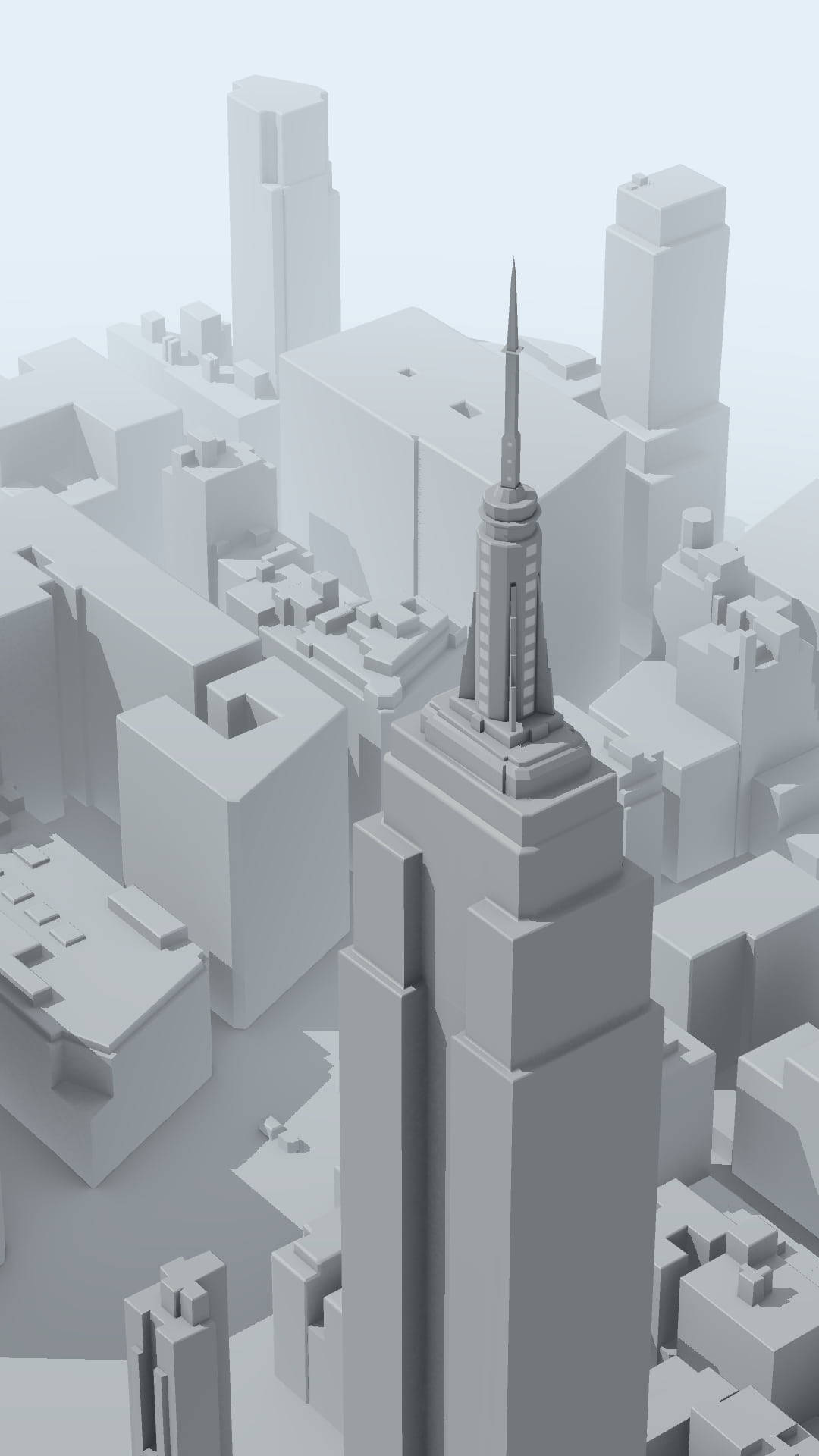 3D 桌布 壁紙 — 一個以尖頂摩天大樓為主導的極簡主義3D渲染城市景觀，全部以單色灰色調呈現。