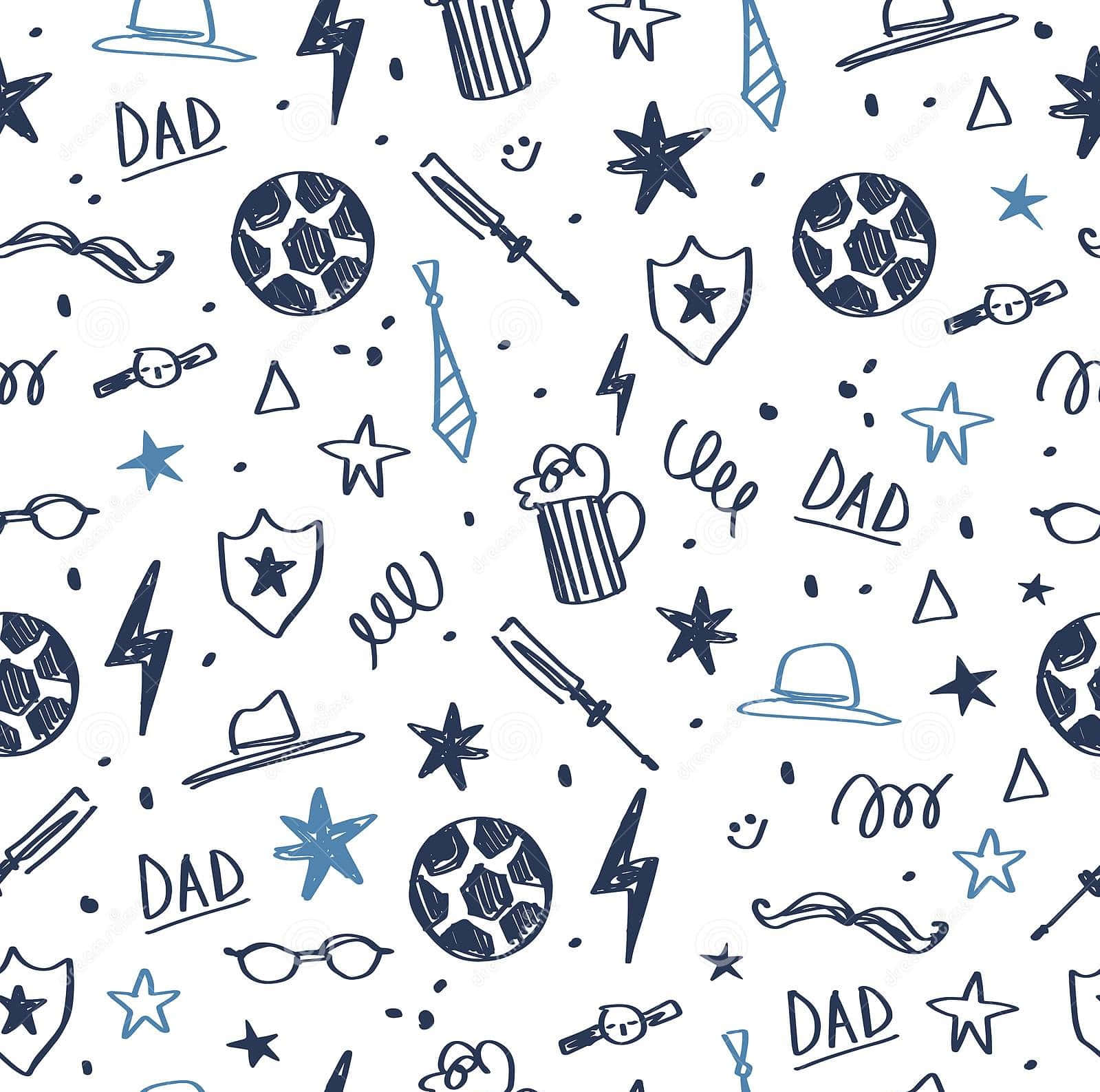 Dad 桌布 壁紙 — 一個以手繪爸爸主題圖標（如足球、領帶和星星）組成的俏皮圖案，使用藍色墨水繪製在白色背景上。