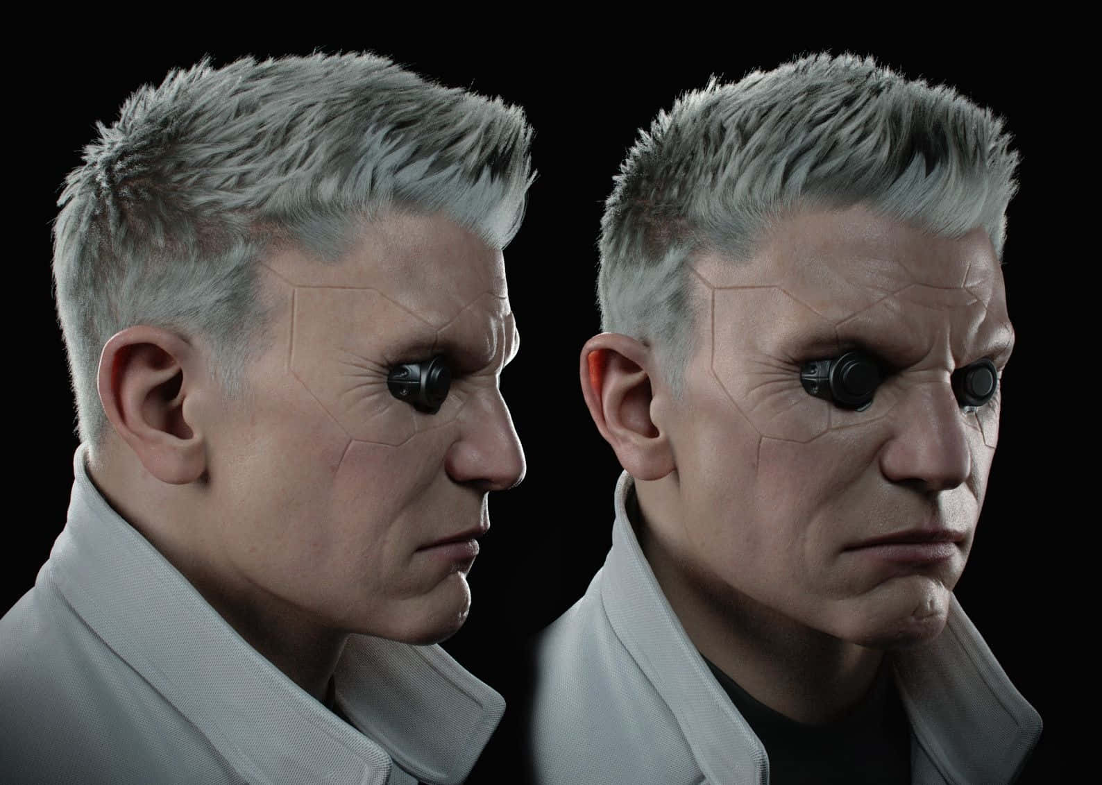Ghost In The Shell Batou 桌布 壁紙 — 一個以數碼方式渲染、擁有灰白頭髮和機械眼的男人，在黑色背景上展示兩個強烈的側面輪廓。