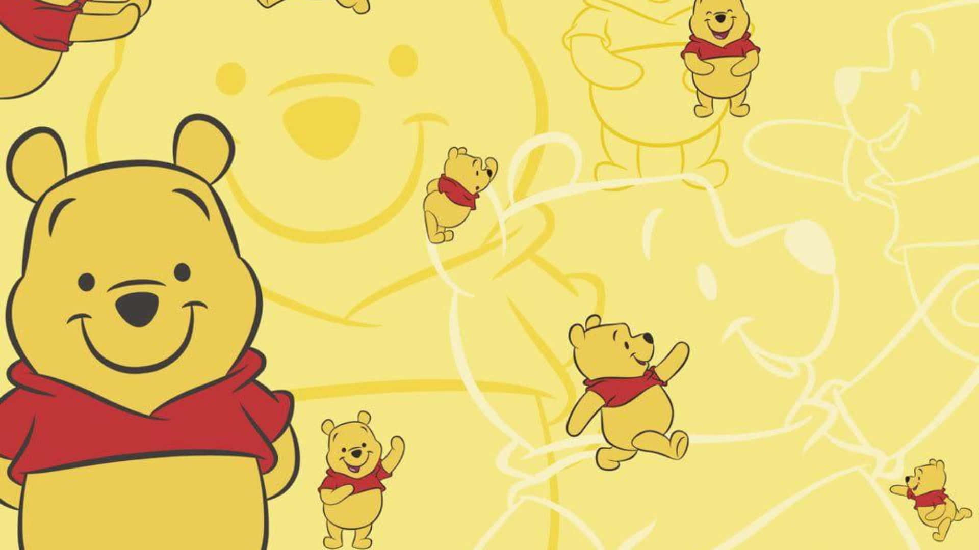 Winnie The Pooh Laptop 桌布 壁紙 — 一個以溫暖黃色背景為襯托，展示小熊維尼角色各種姿勢的歡樂圖案。