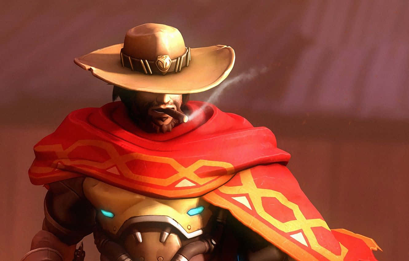 Overwatch Mccree 桌布 壁紙 — 一個以牛仔為主題的電子遊戲角色，穿著紅色圖案斗篷和寬邊帽，抽著雪茄。