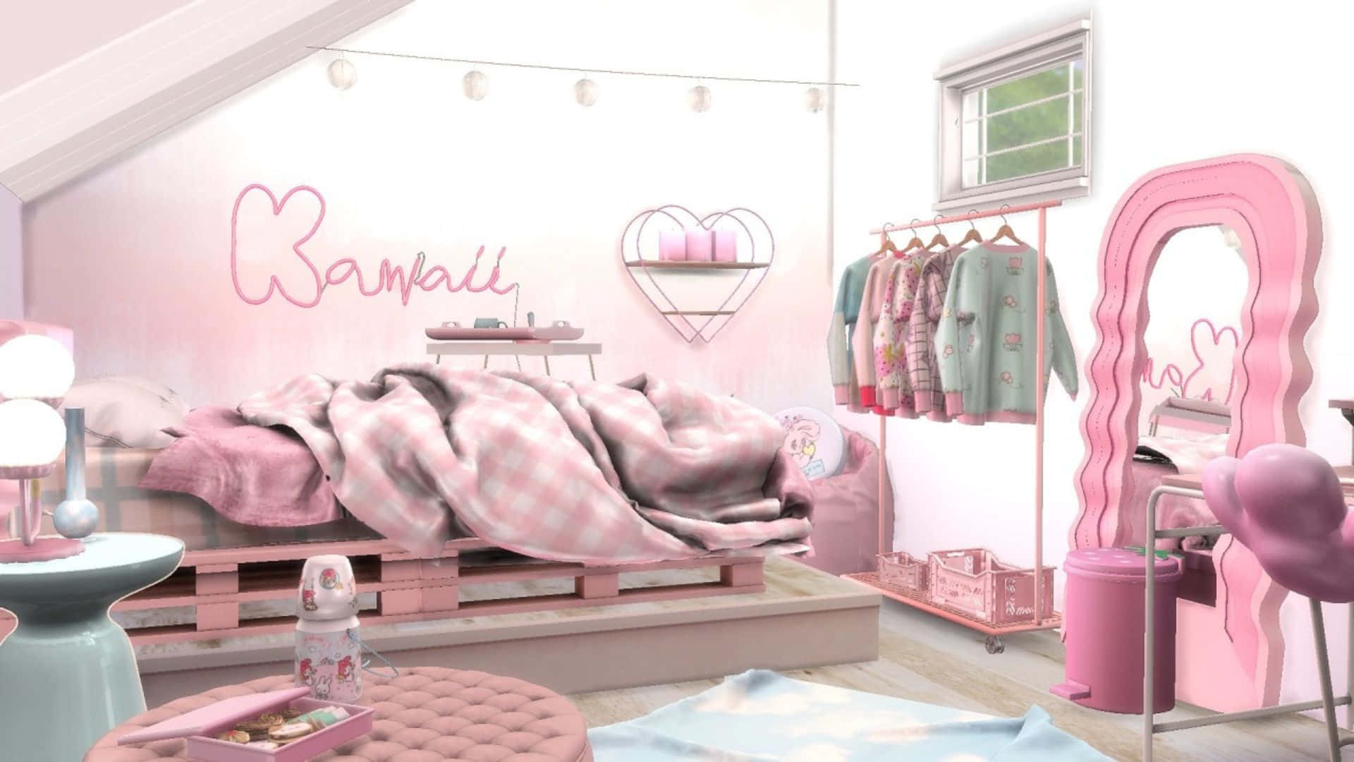 Kawaii Room 桌布 壁紙 — 一個以粉紅色為主題的舒適臥室，配有托盤床、心形鏡子和衣架，在柔和日光下。