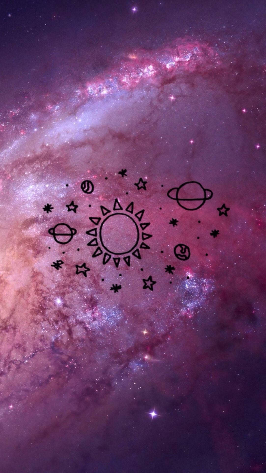 銀河 桌布 壁紙 — 一個以紫色星雲為背景，並以黑色線條繪製太陽系行星和恆星的宇宙風格壁紙。