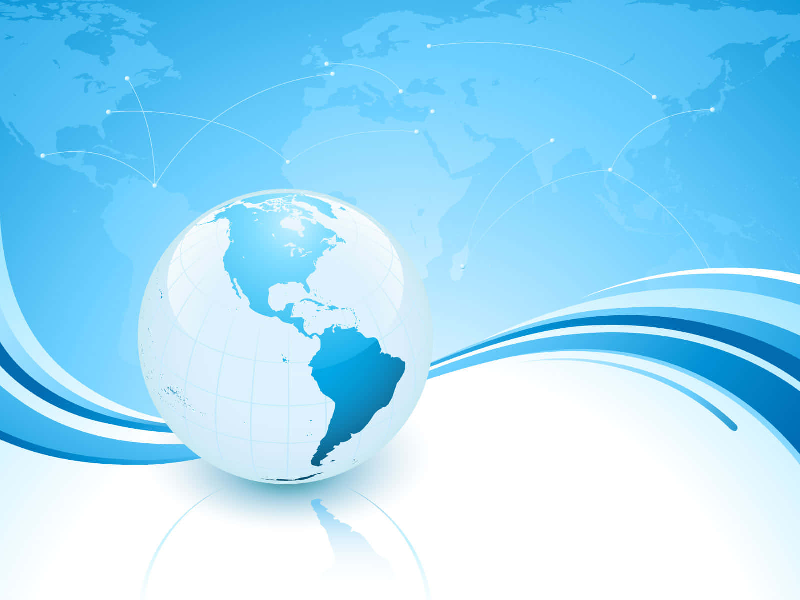 Global 桌布 壁紙 — 一個以美洲為中心的亮面藍色地球儀，在世界地圖背景和流動的藍色波浪圖案上帶有發光的連接線。